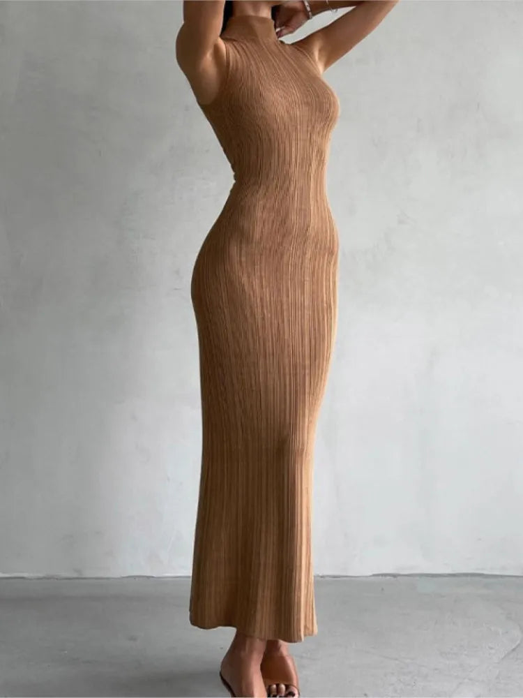 Solid Color Stripe Knitted Slim Long Dresses Women Sleeveless Half Turtleneck Package Hip Bodycon Dress Female Commuting Vestido