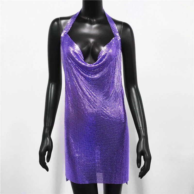 Glitter Sequin Luxury Evening Dresses Halter Backless Nightclub Cocktail Party Dress For Women Rave Festival Outfits Vestidos